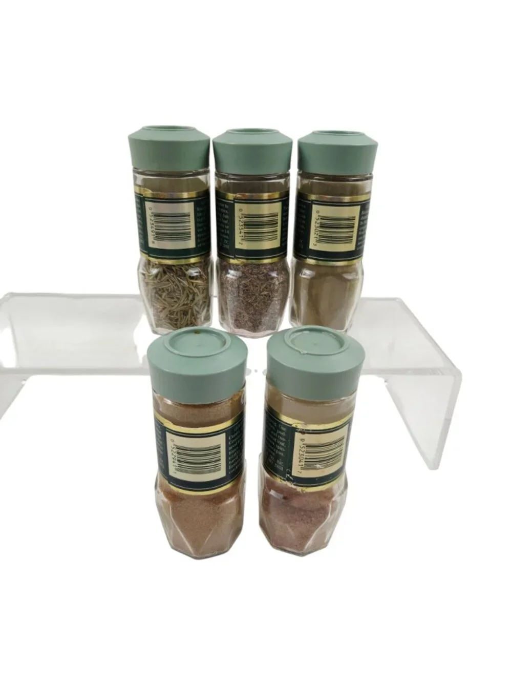 McCormick Spice Jars Thyme Rosemary Marjoram Cumin Nutmeg Vintage Green Lids